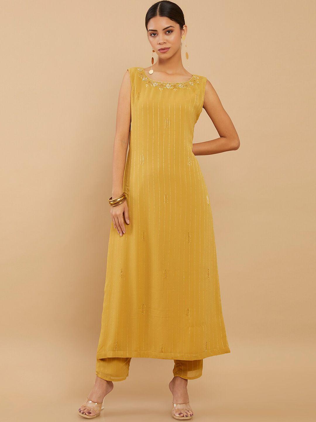 soch women mustard yellow striped silk georgette kurta with trousers