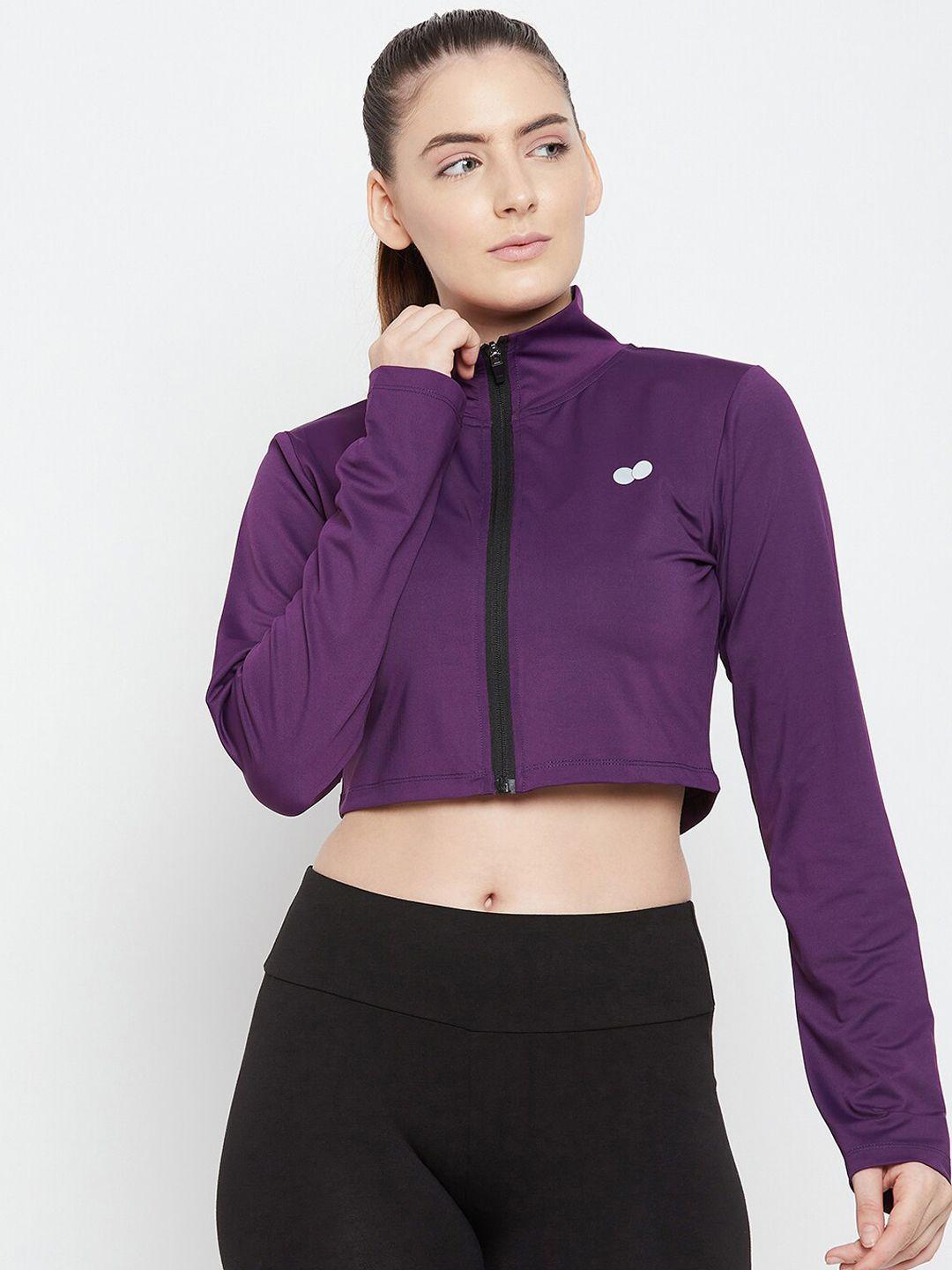 clovia women purple crop training or gym snug fit sporty jacket