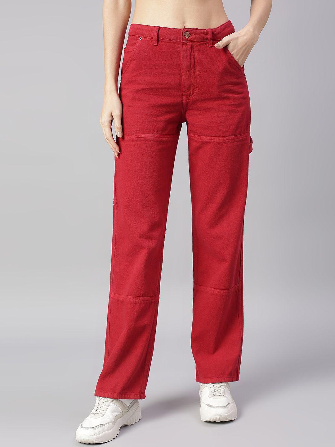 tarama women red straight fit high-rise cotton. jeans