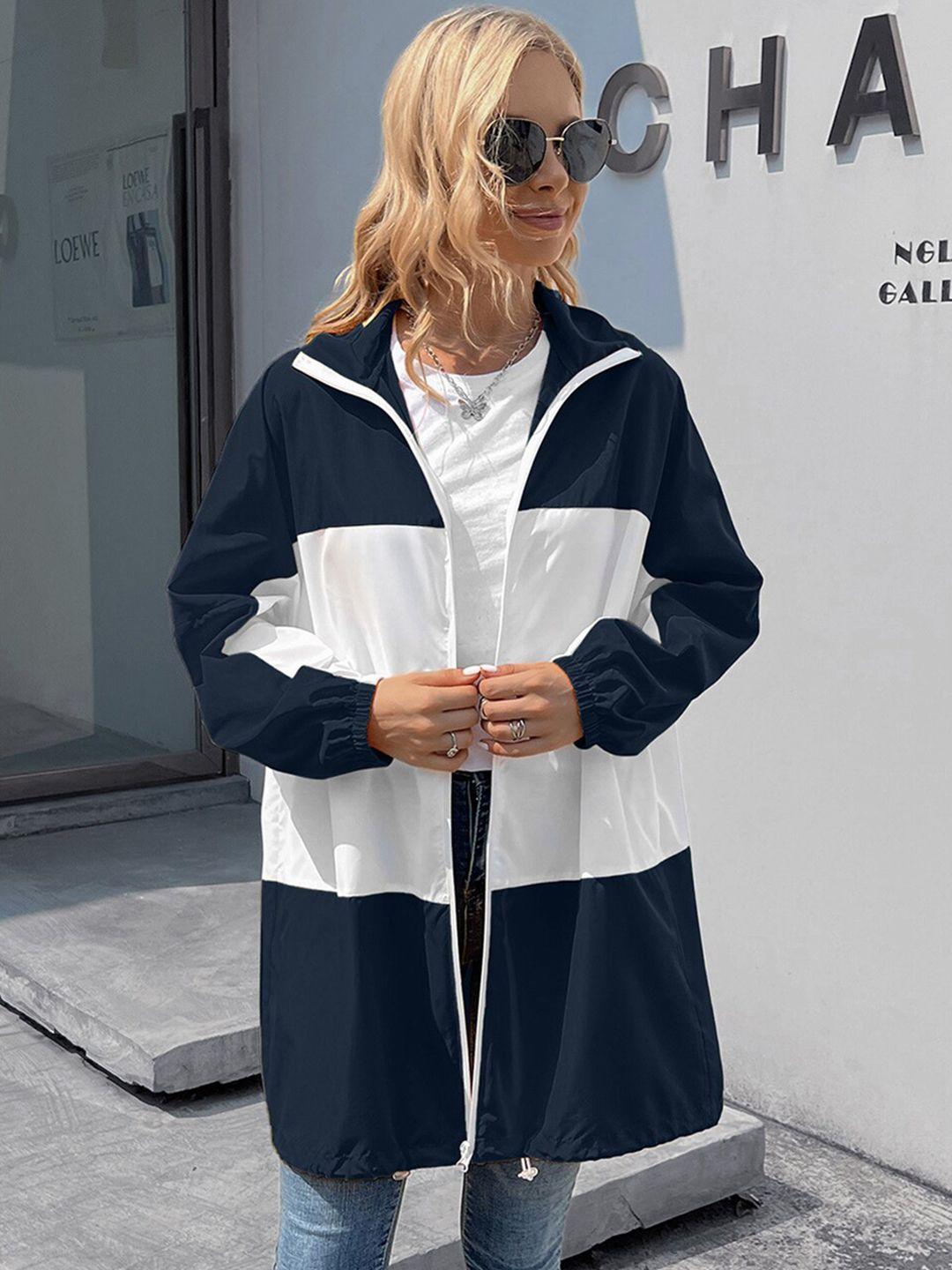 stylecast women navy blue white colourblocked longline tailored jacket