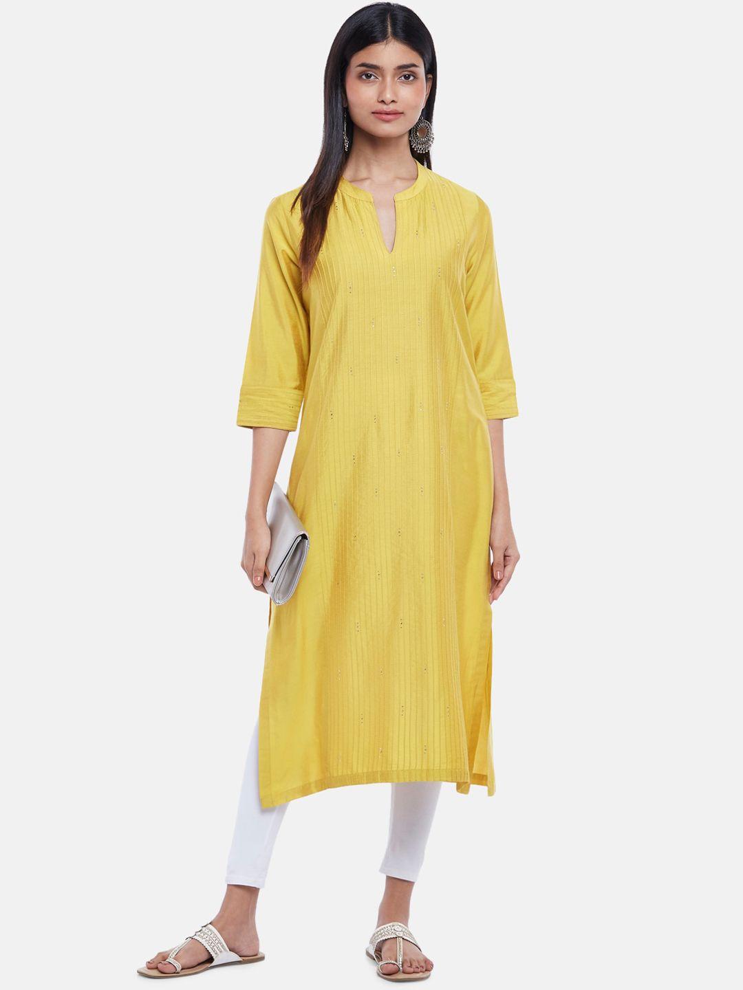 rangmanch by pantaloons women mustard yellow mandarin collar thread work kurta