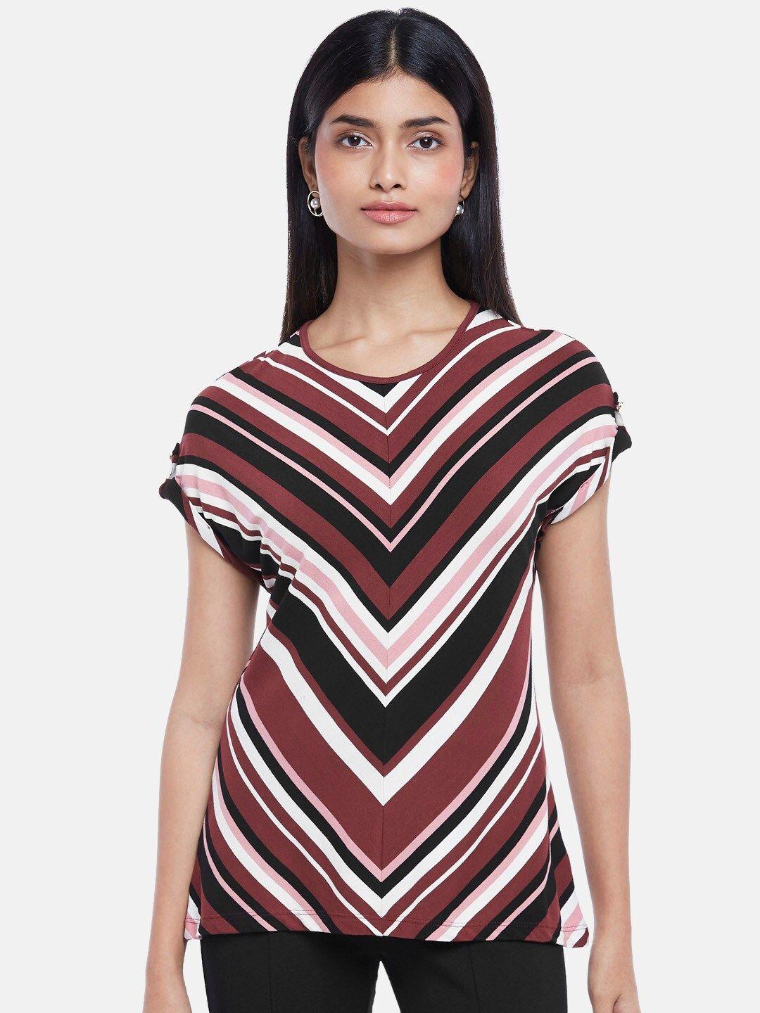 annabelle by pantaloons women maroon & black striped extended sleeves top