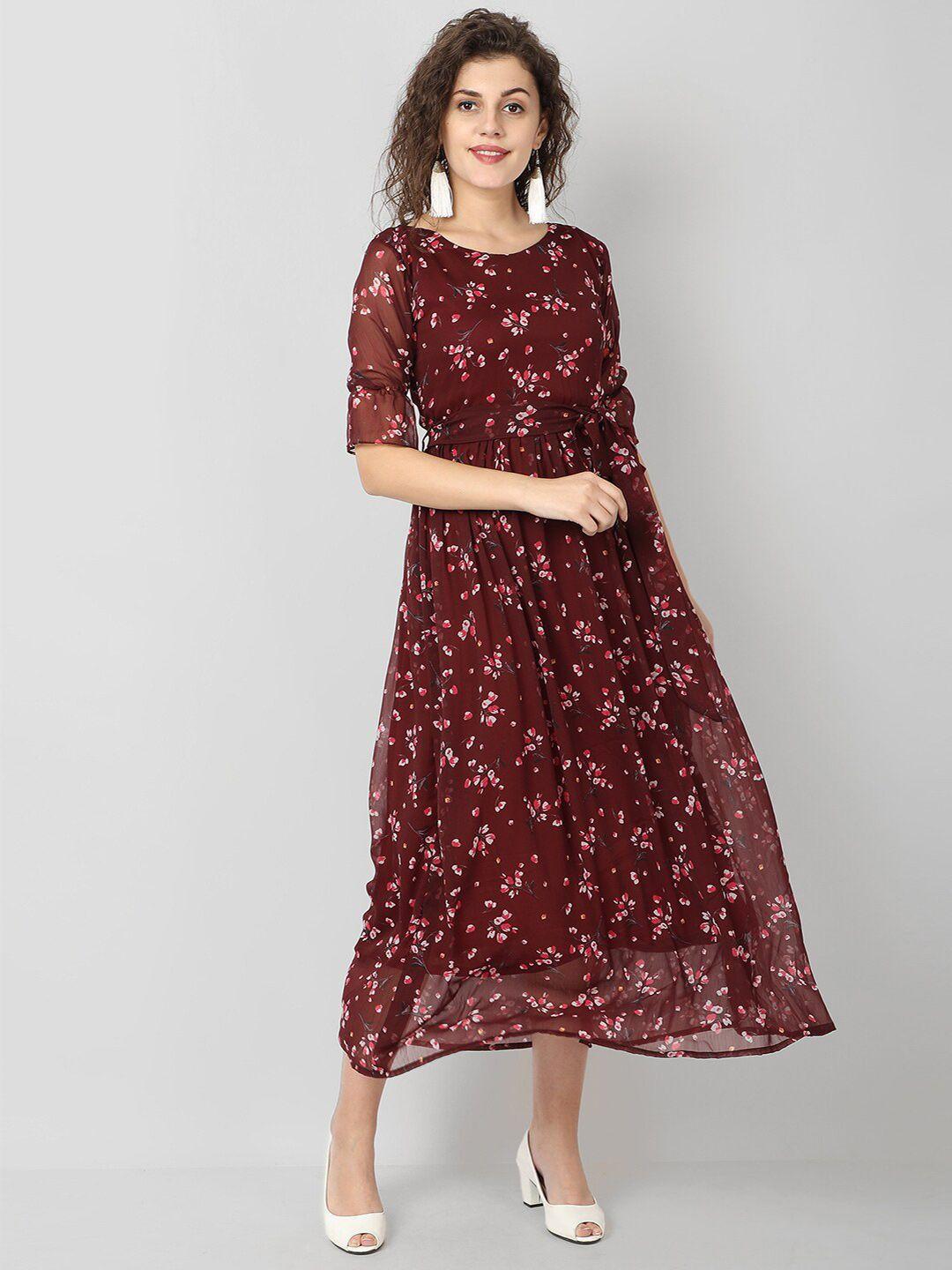 isam maroon & pink floral chiffon a-line midi dress