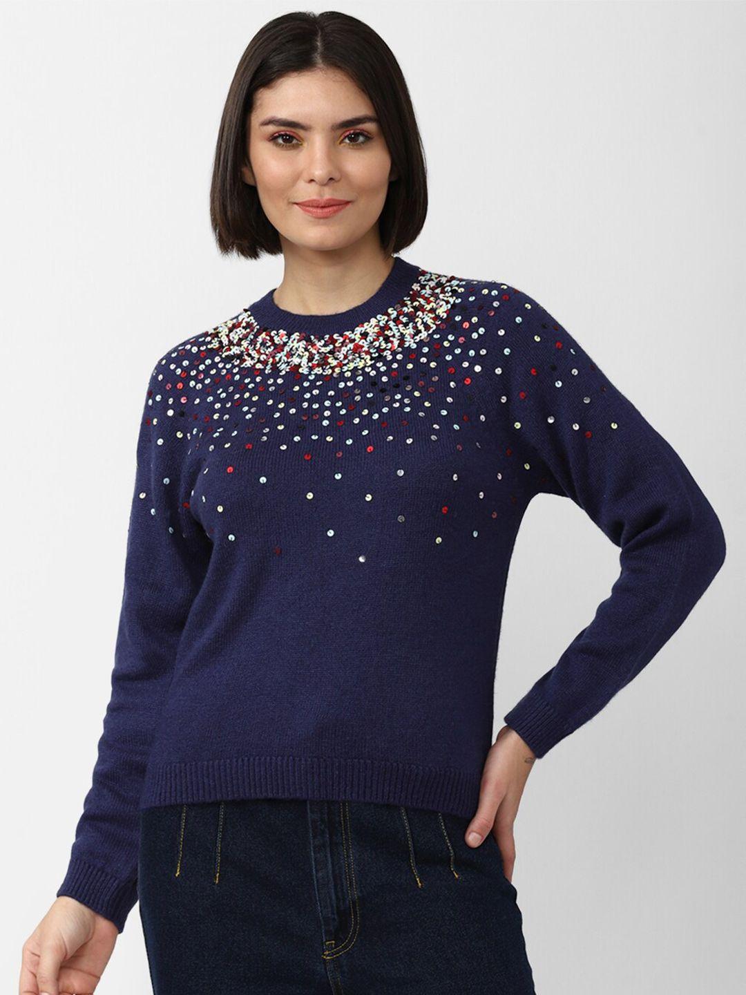 forever 21 women blue & white embroidered pullover with embellished detail