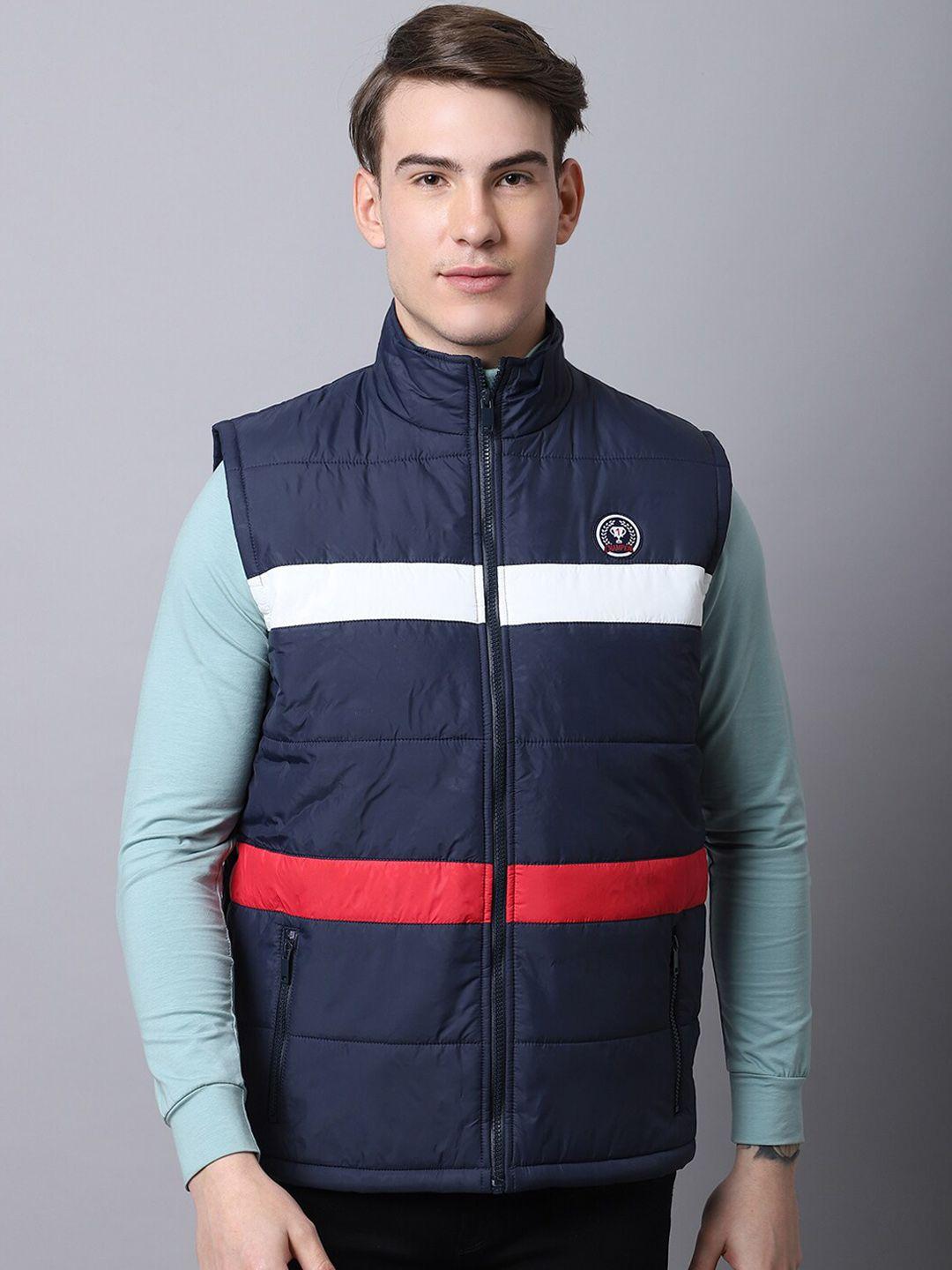 perfkt-u men navy blue colourblocked lightweight antimicrobial padded jacket