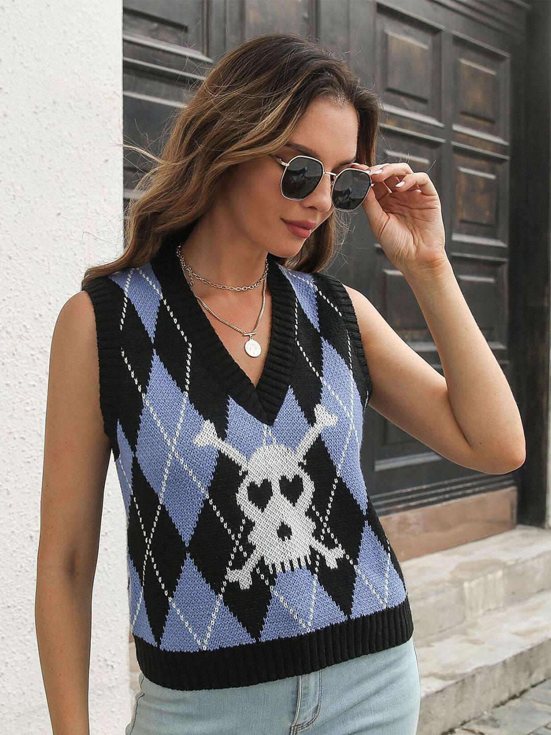 stylecast women black & blue printed sweater vest