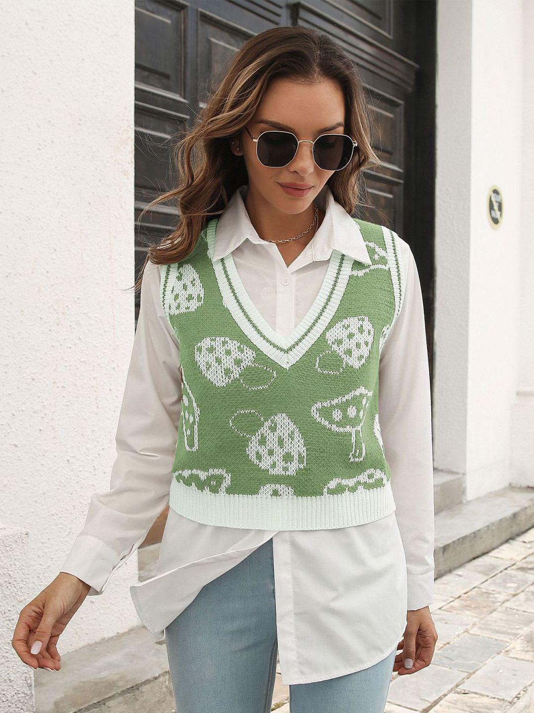 stylecast women green & white printed sweater vest