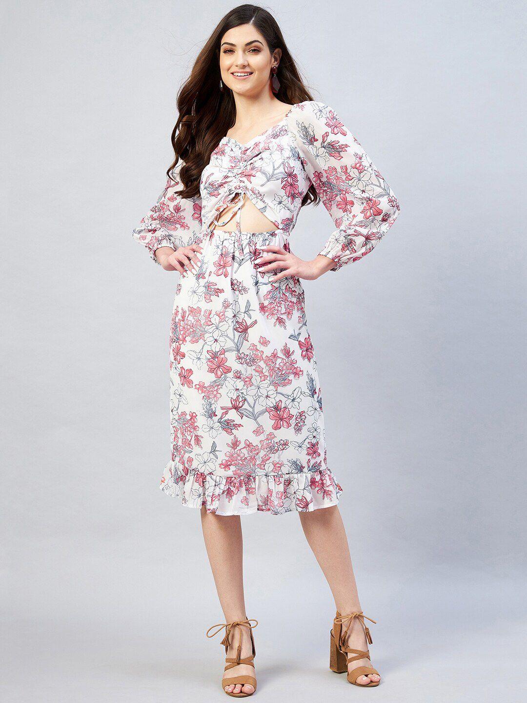 rare off white & pink floral georgette midi dress