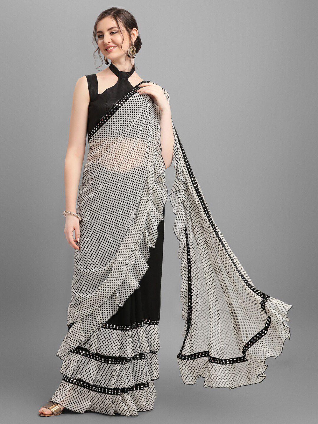 b4me com white & black pure georgette block print saree