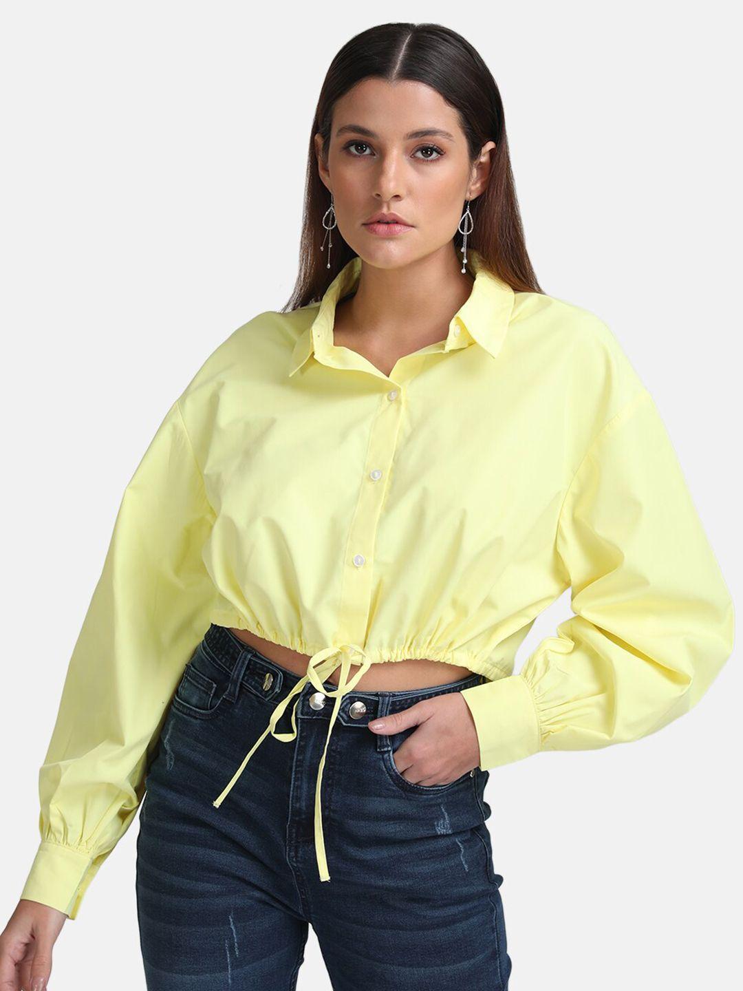 kazo women yellow solid casual draw string crop shirt