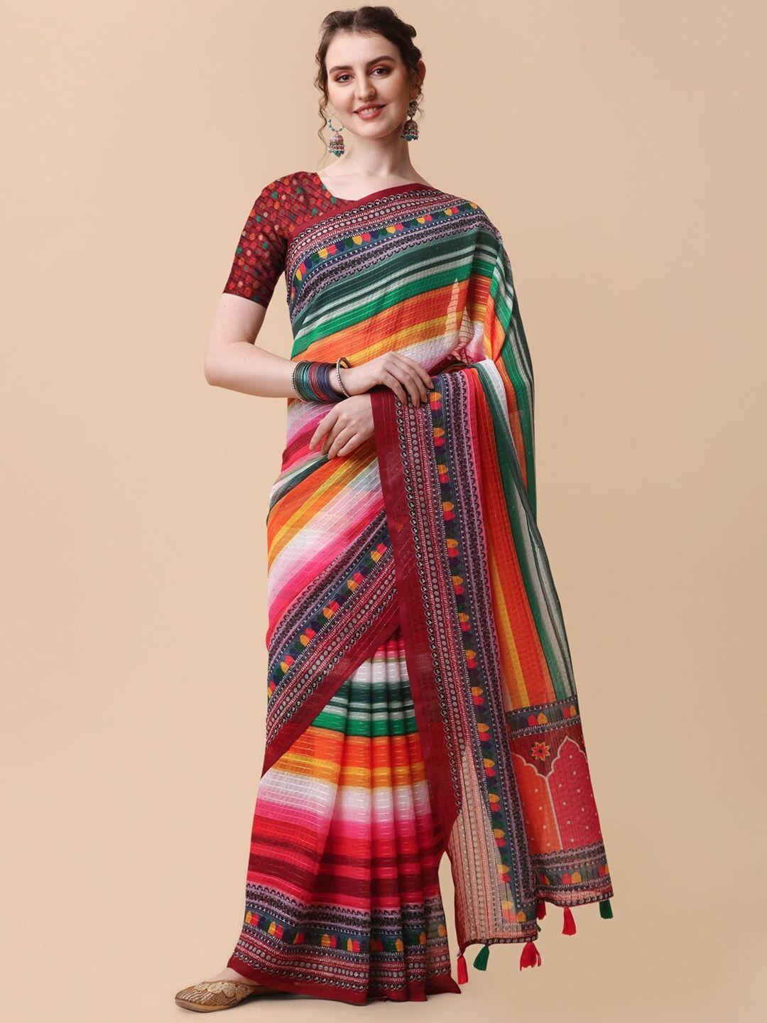 mitera maroon & green striped sequinned pure georgette saree