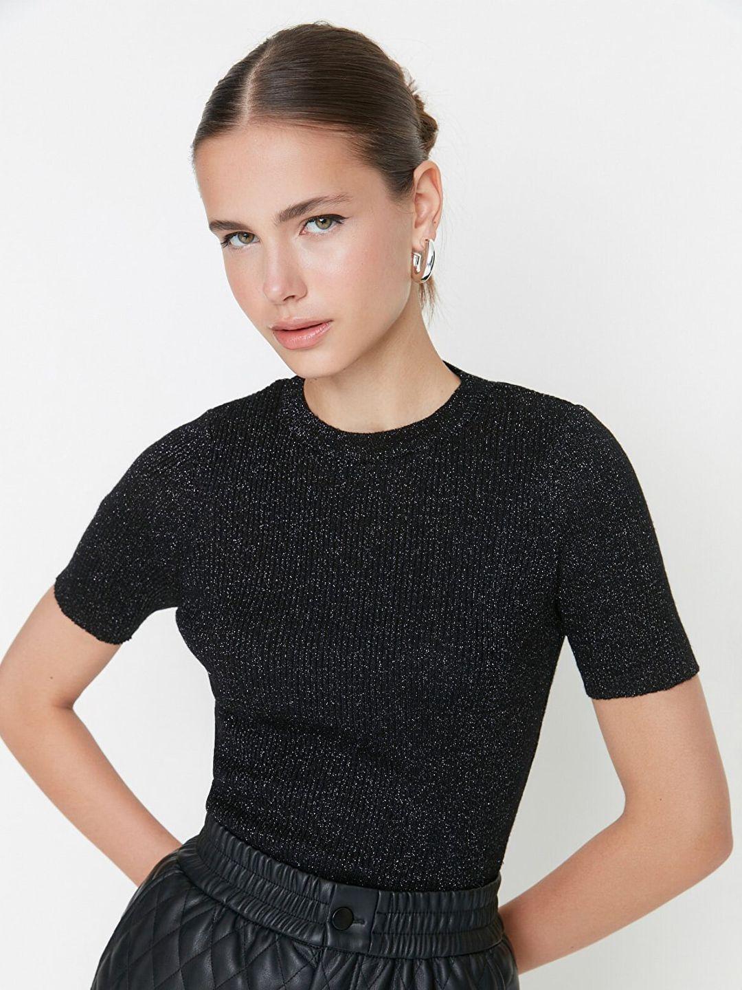 trendyol black round neck sheen top