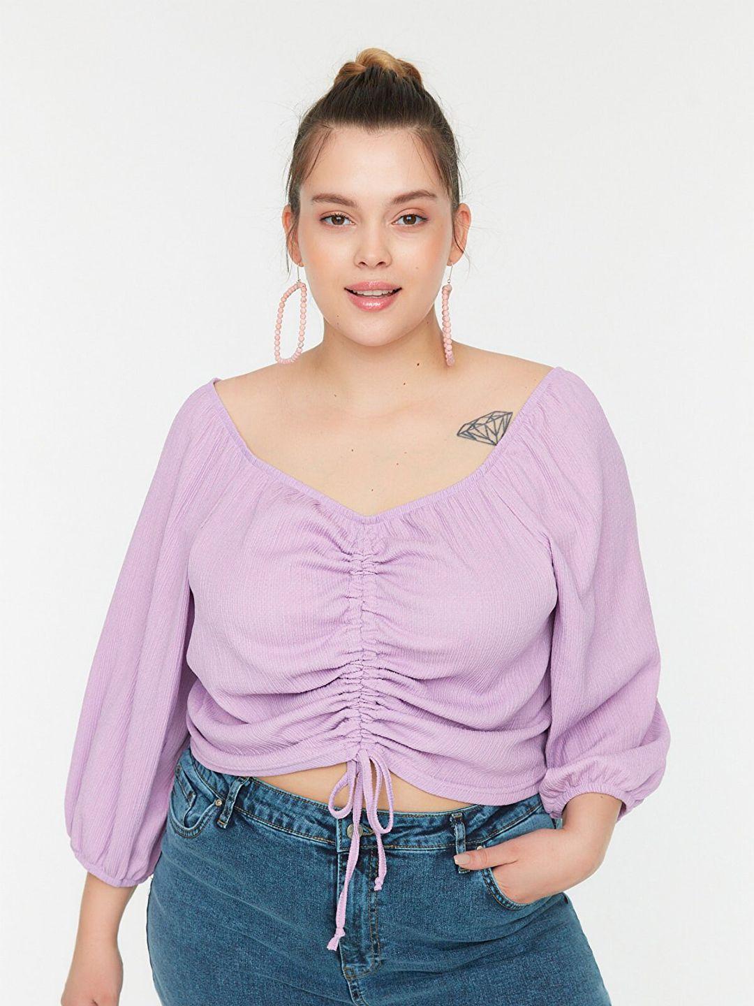 trendyol violet sweetheart neck ruched crop top