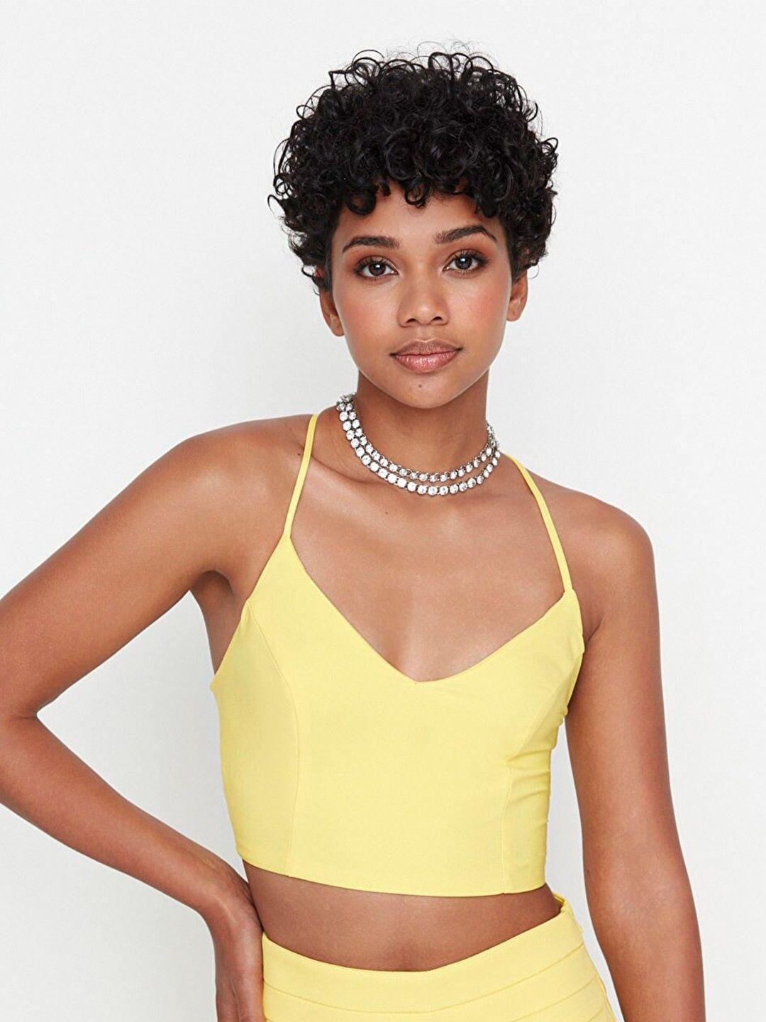 trendyol women yellow halter neck styled back crop top