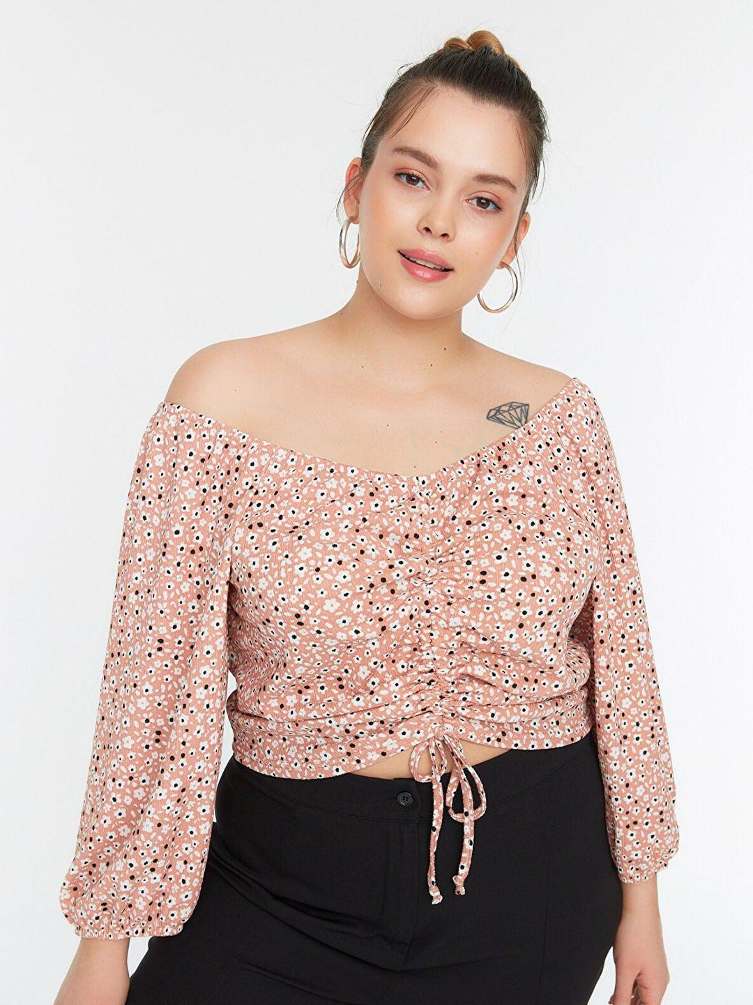 trendyol rose & white floral print off-shoulder bardot crop top