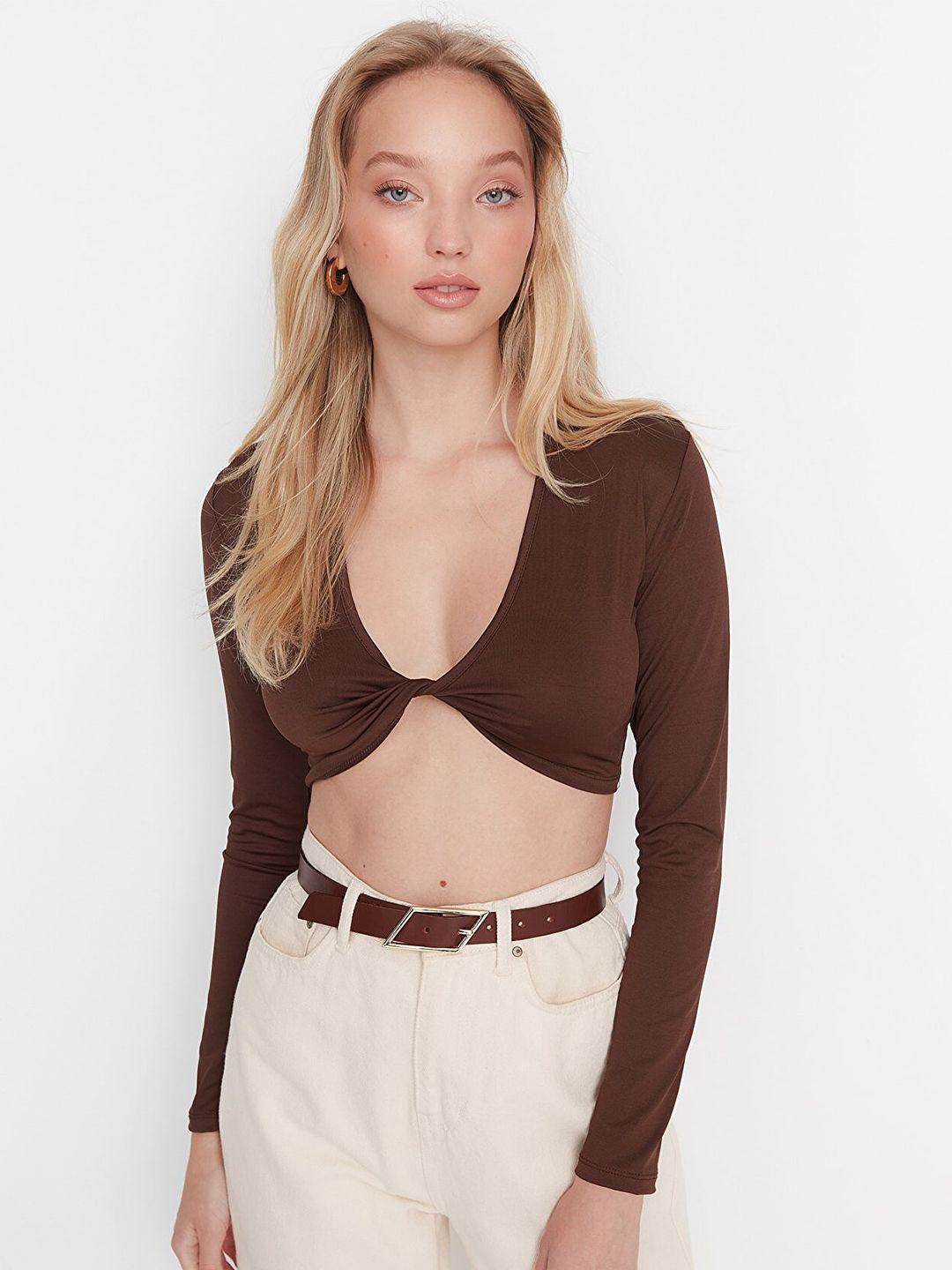 trendyol women brown scoop neck crop top