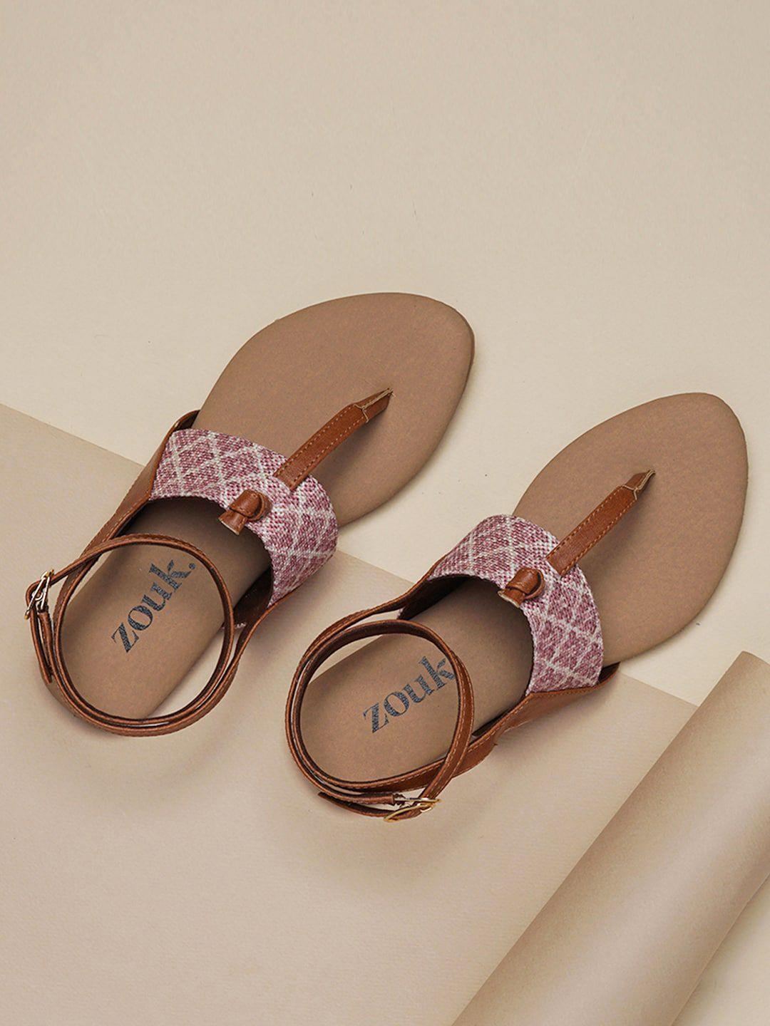 zouk women pink printed t-strap flats with buckles