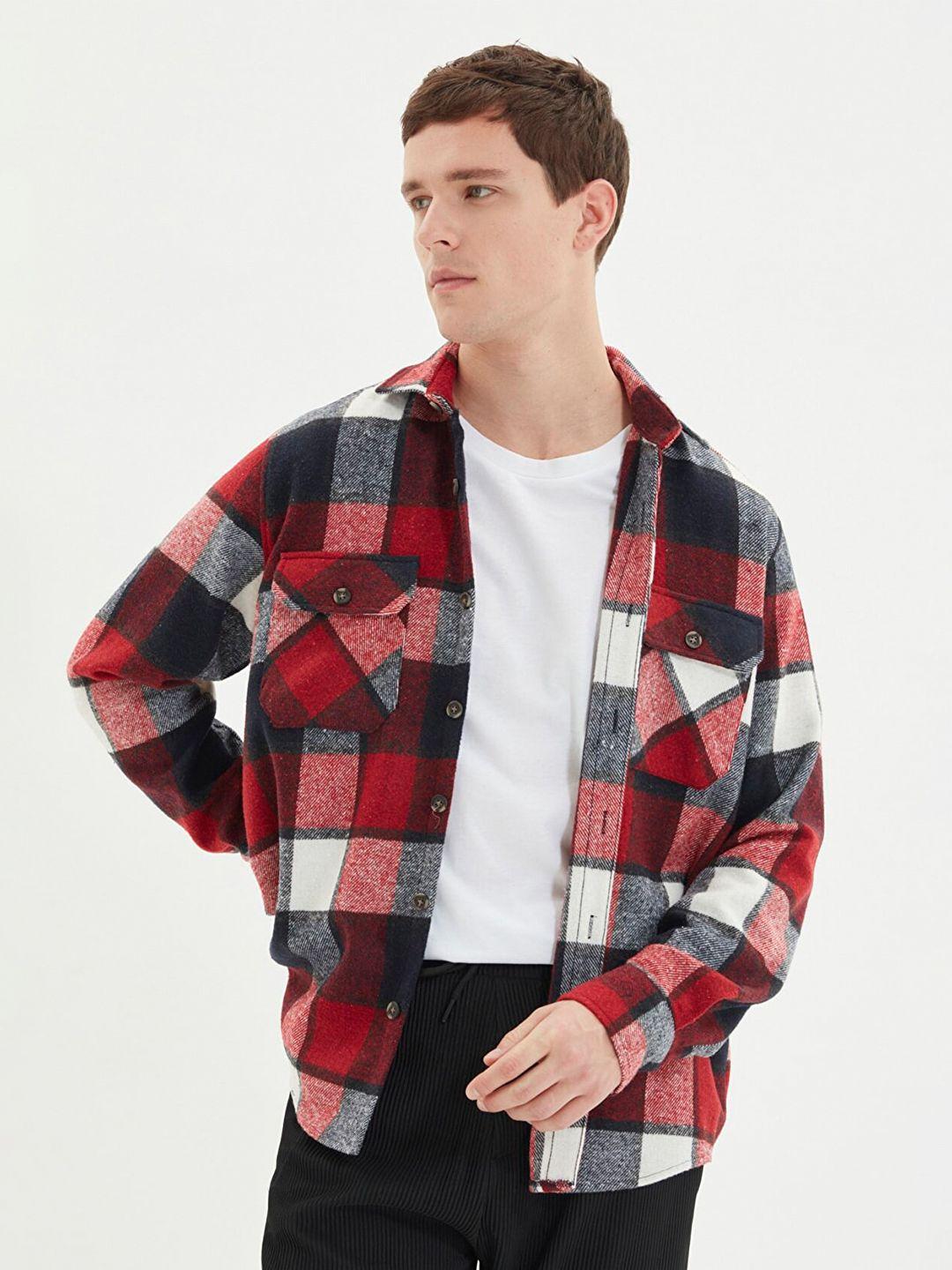 trendyol men red checked casual shirt