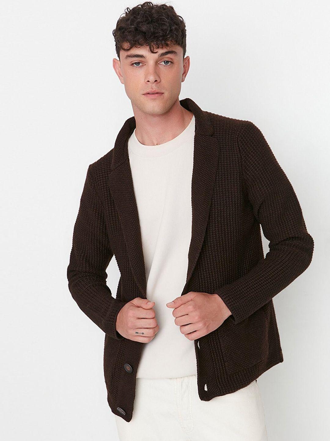 trendyol men brown striped crop open front jacket