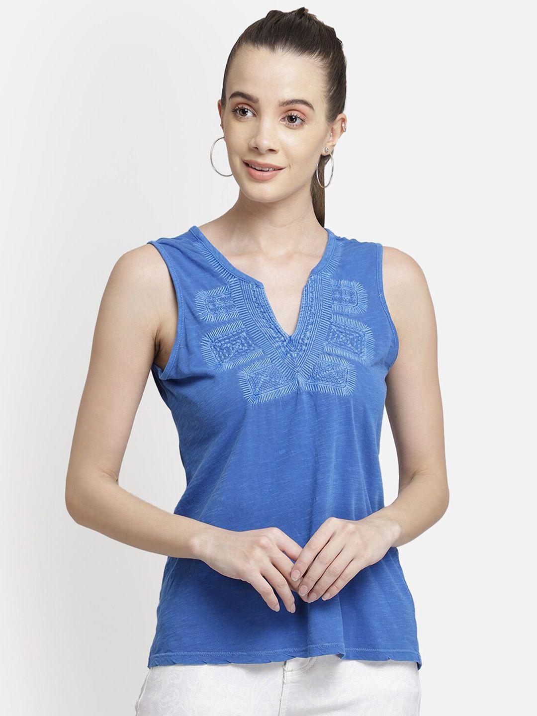 aditi wasan blue blue embroidered viscose knit casual top