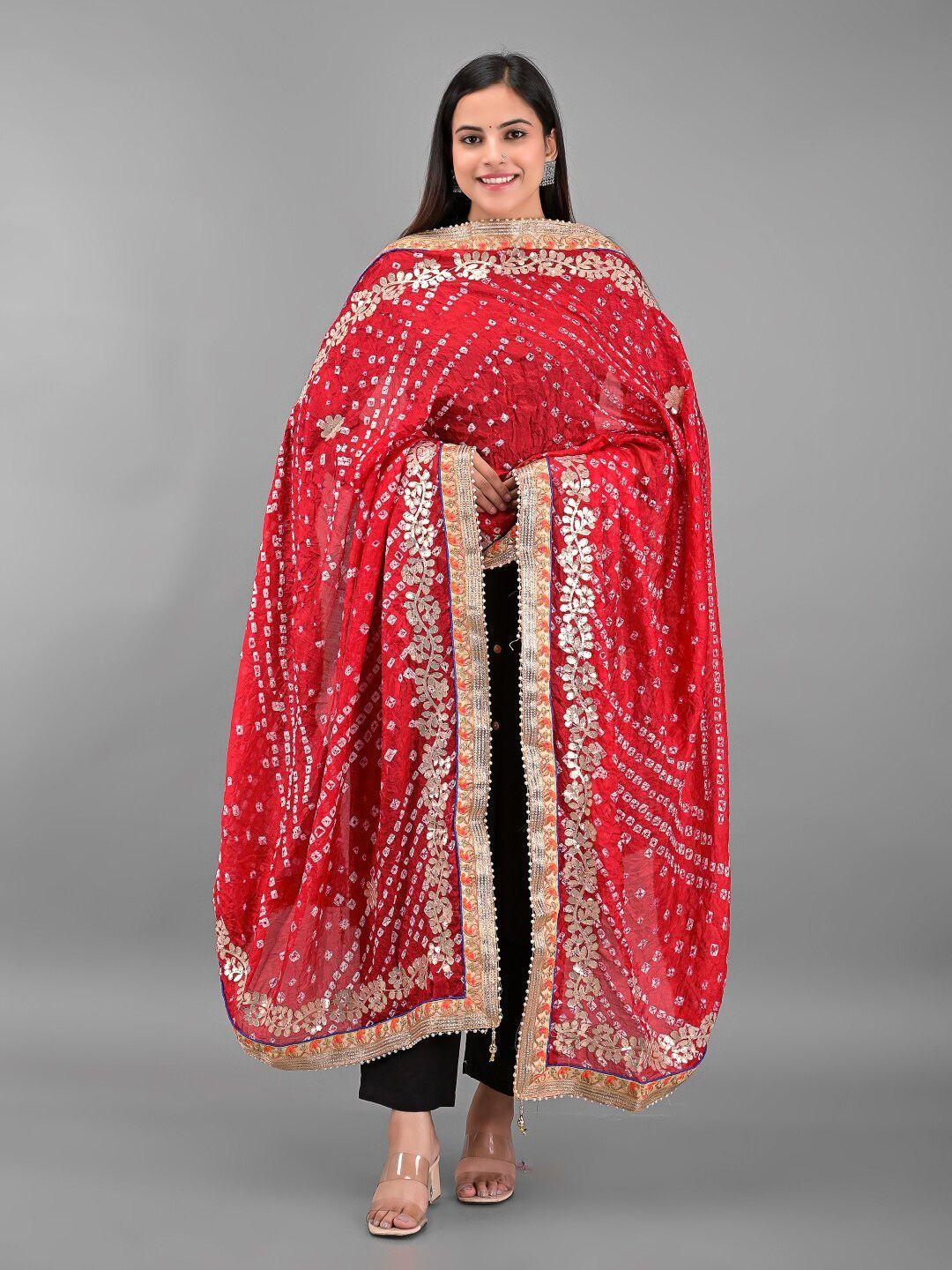 apratim red & white printed art silk bandhani dupatta with gotta patti