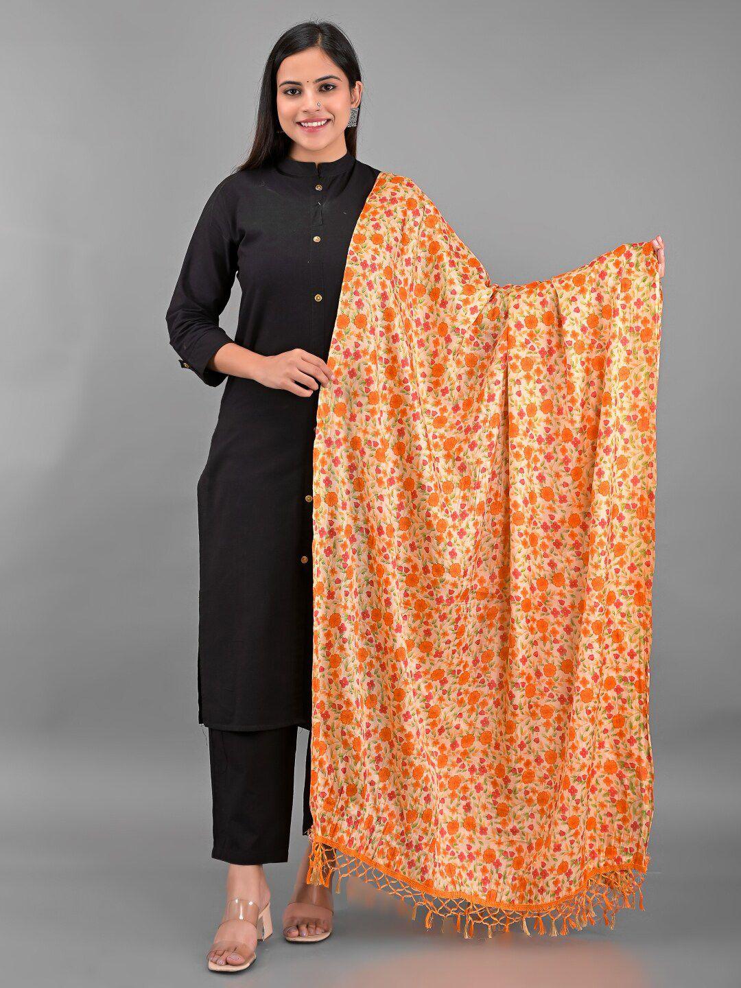 apratim beige and orange flower printed tasseled border dupatta