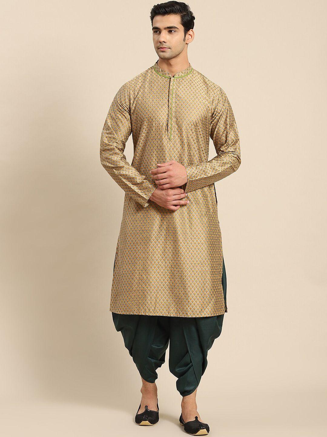 kisah men gold-toned floral printed cotton kurta