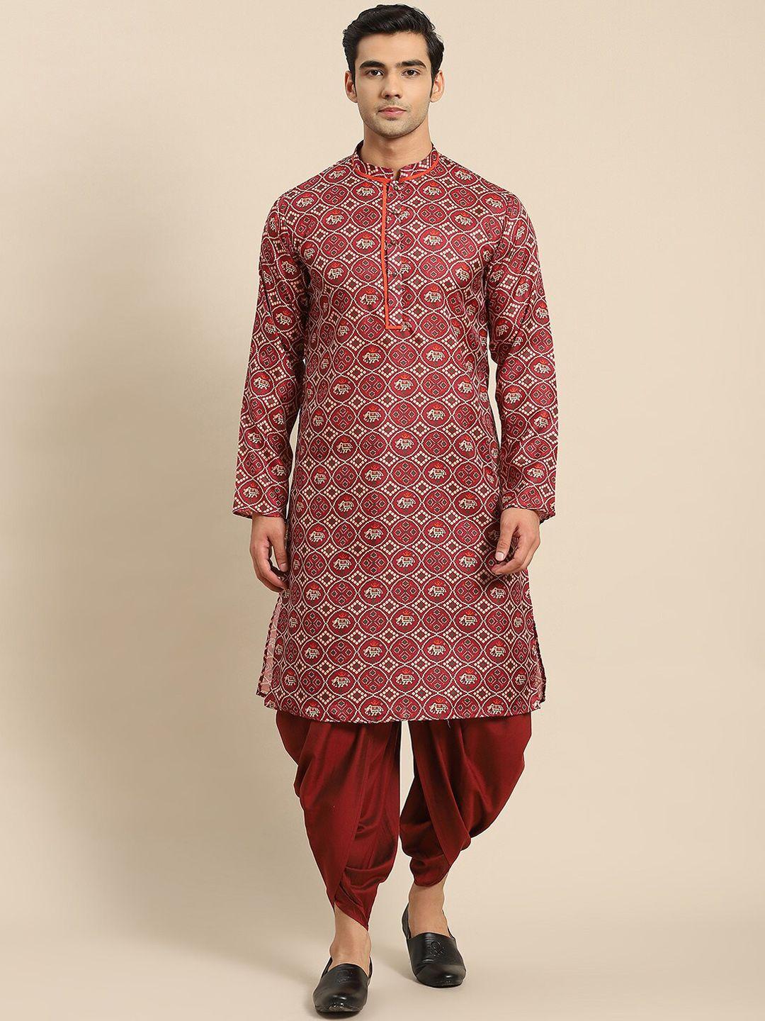 kisah men maroon ethnic motifs printed cotton kurta