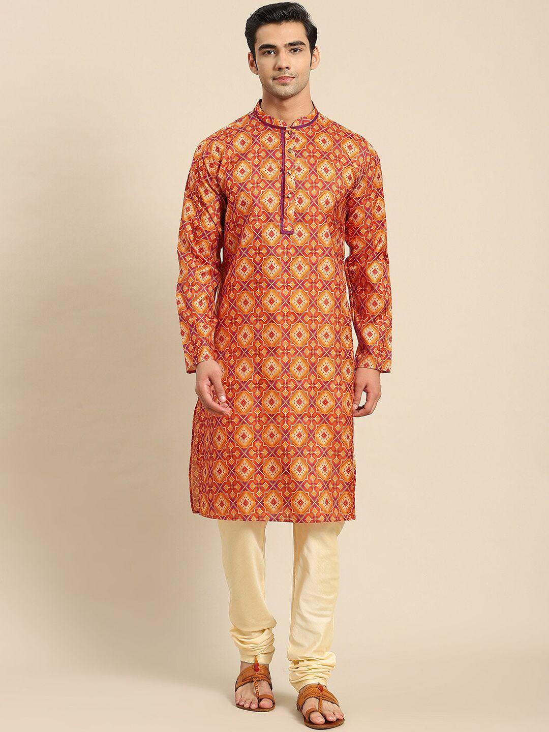 kisah men orange geometric printed cotton kurta