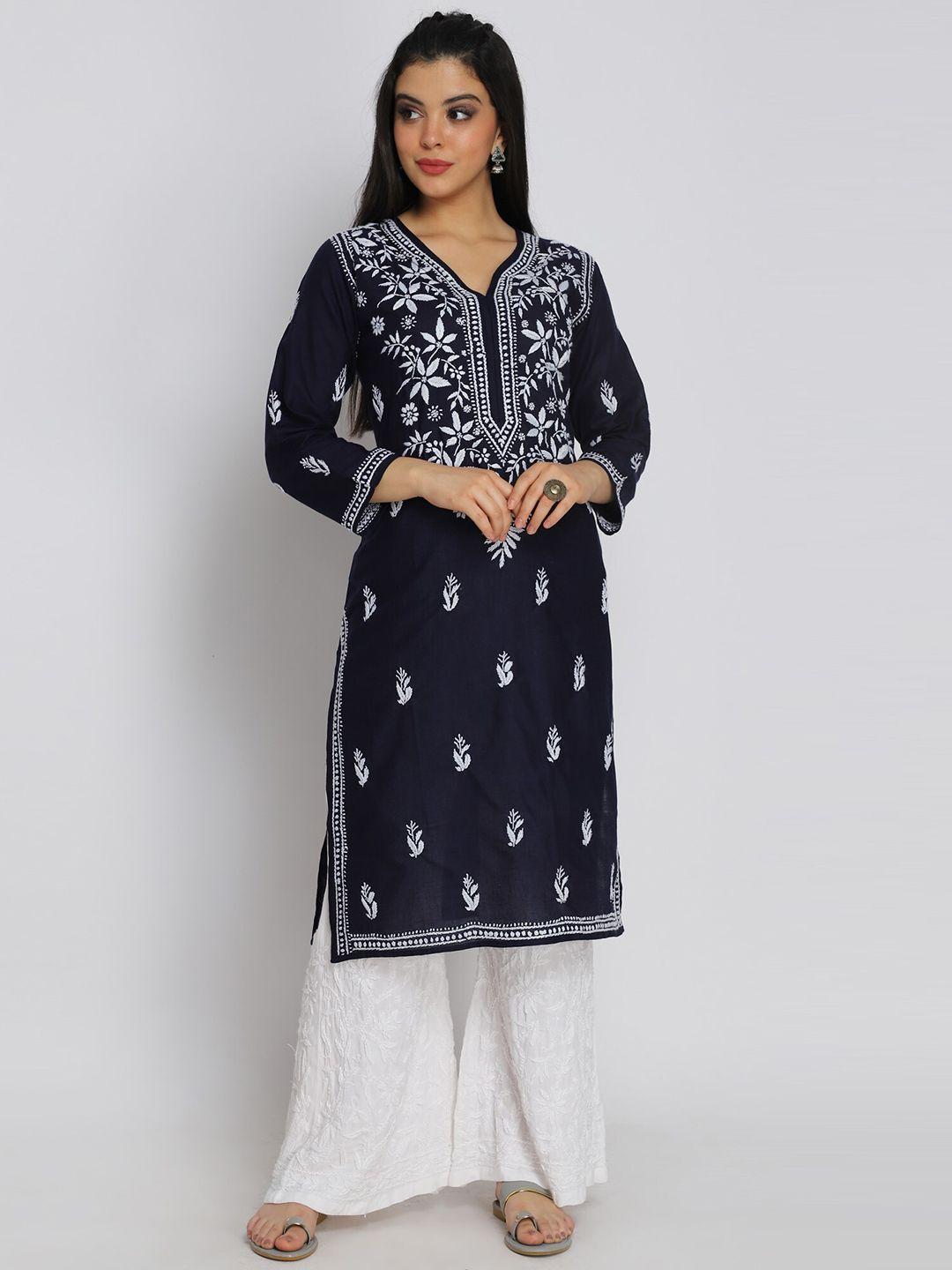 paramount chikan women navy blue floral embroidered chikankari cotton kurta