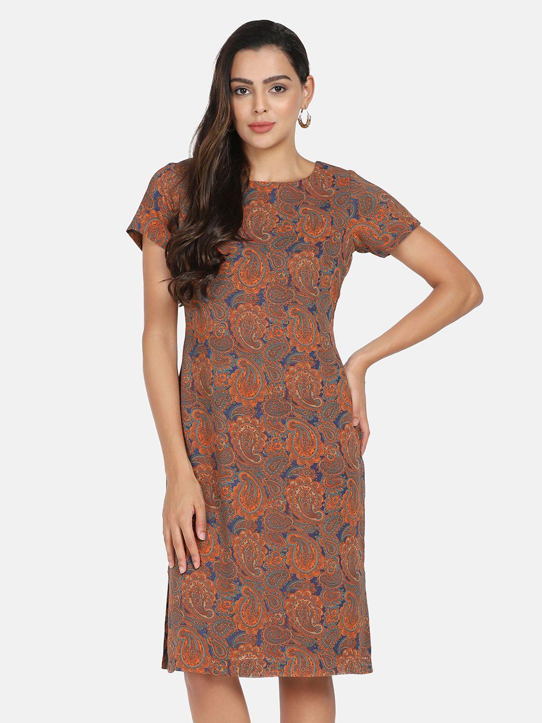 powersutra women orange & green floral sheath dress