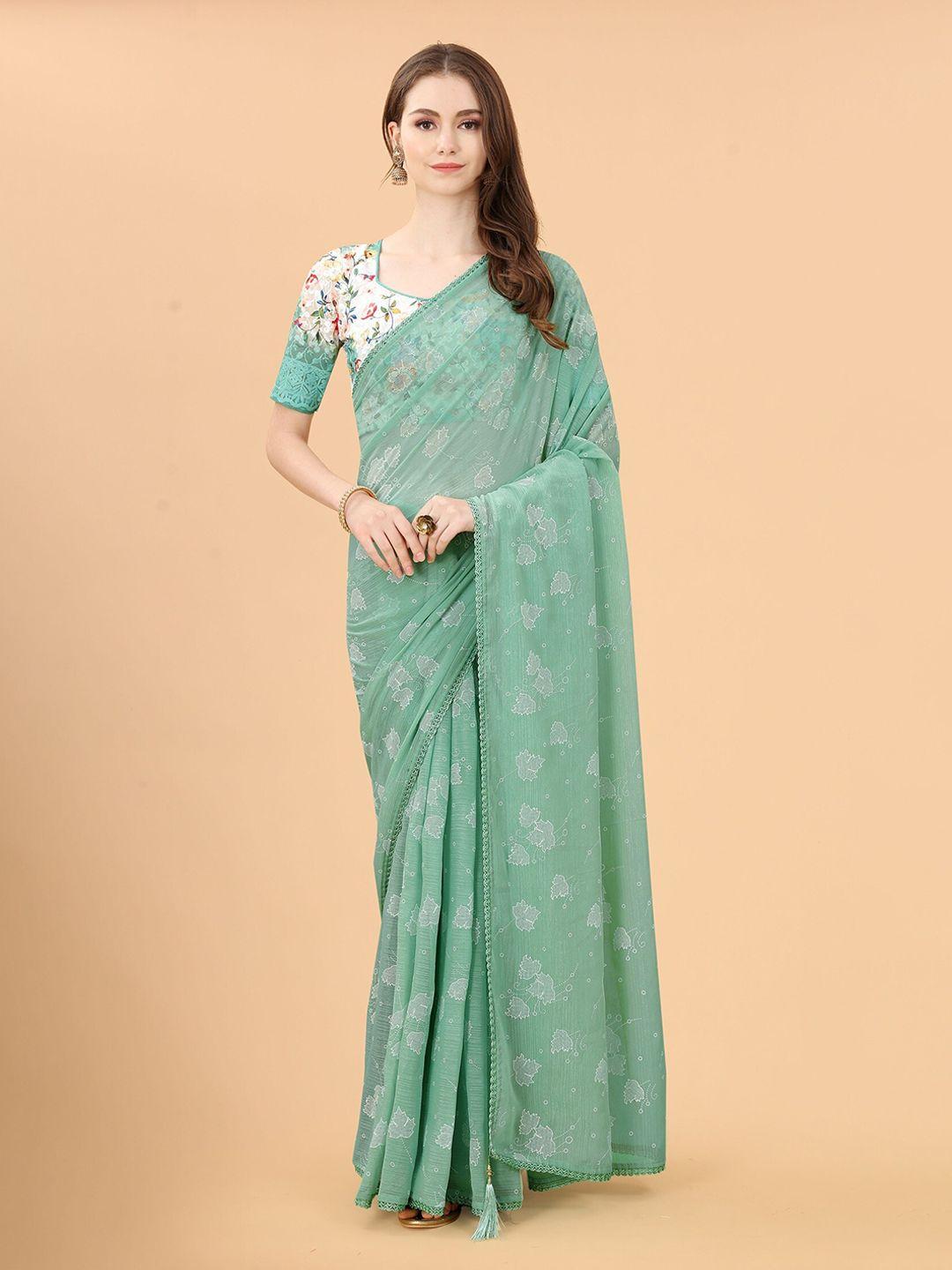 mitera teal & grey floral pure linen saree