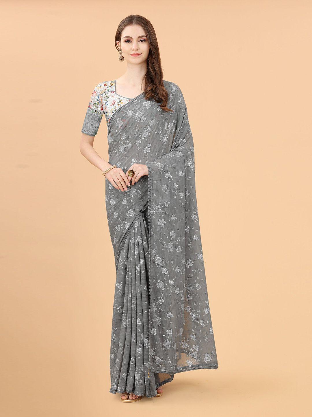 mitera grey & white floral pure linen saree