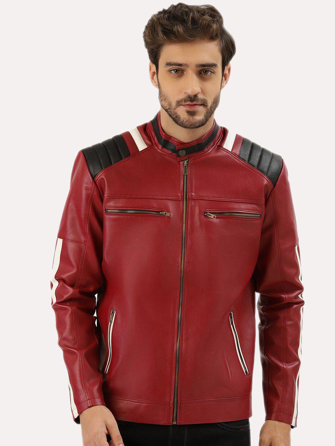 leather retail men red checked outdoor biker jacket