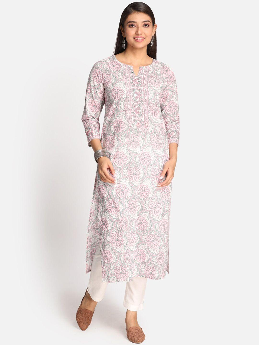 earthwear women white floral printed cotton kurta