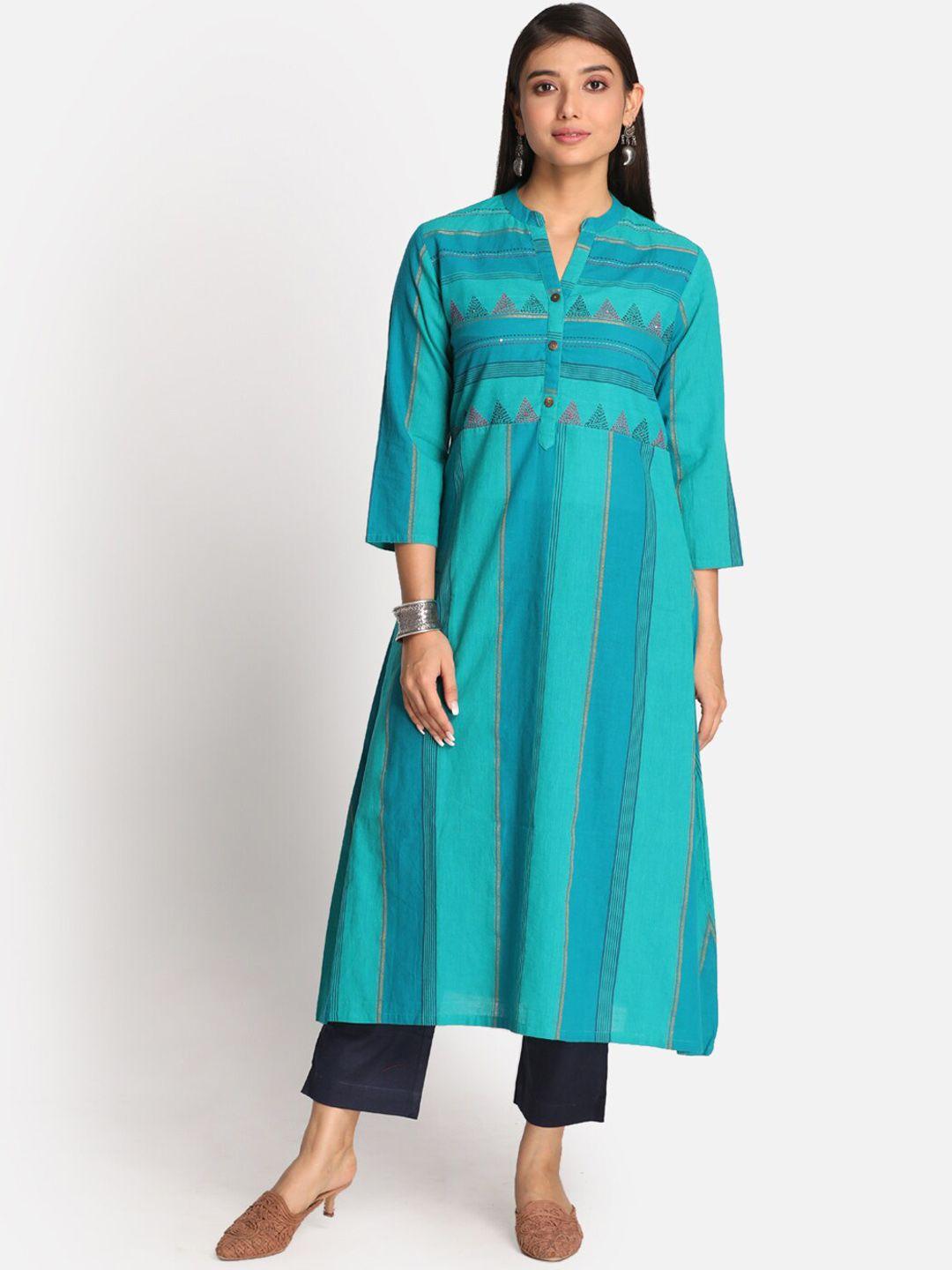 earthwear women turquoise blue geometric printed thread work a-line cotton kurta