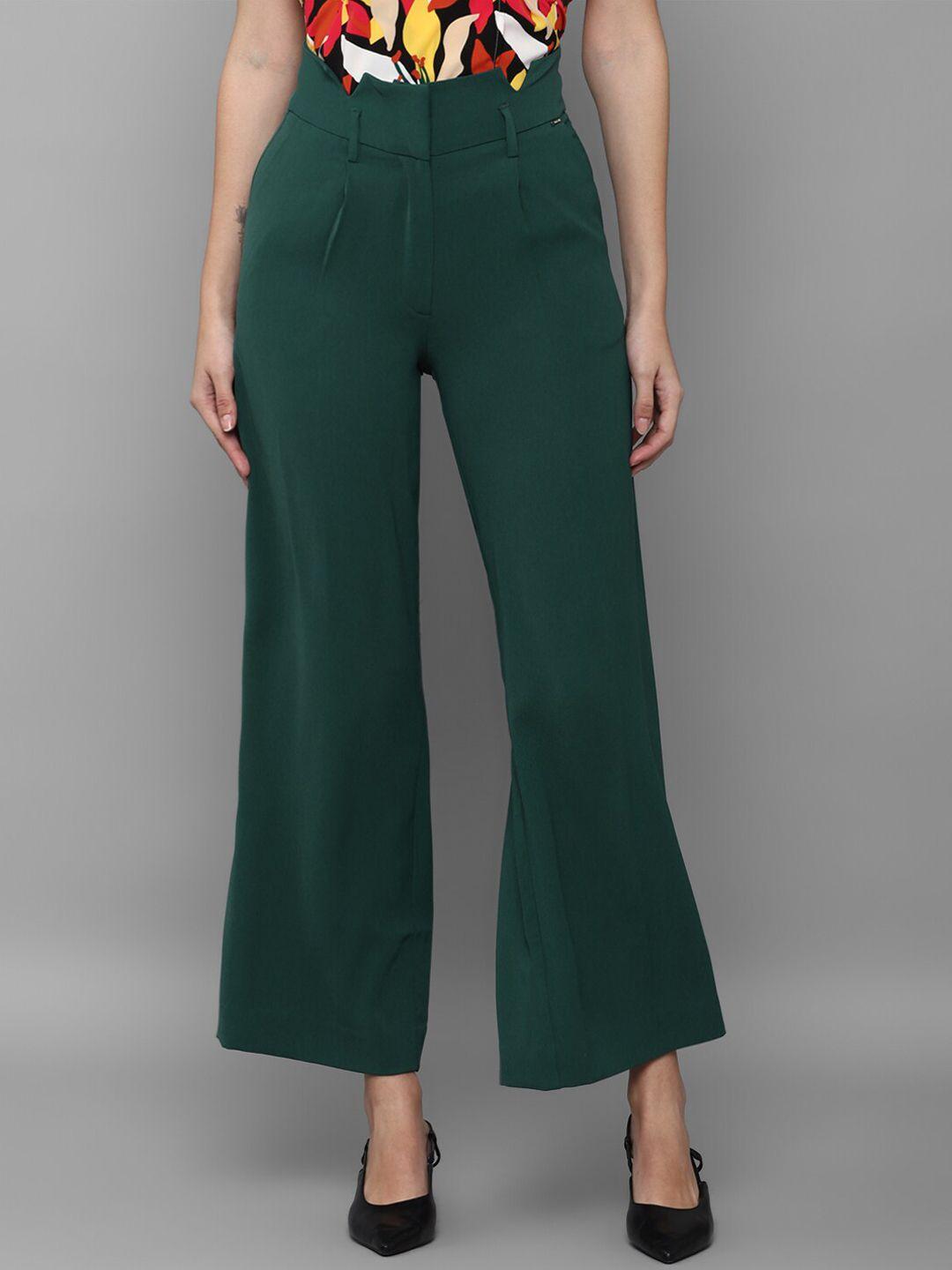 allen solly woman women green regular fit pleated bootcut trousers