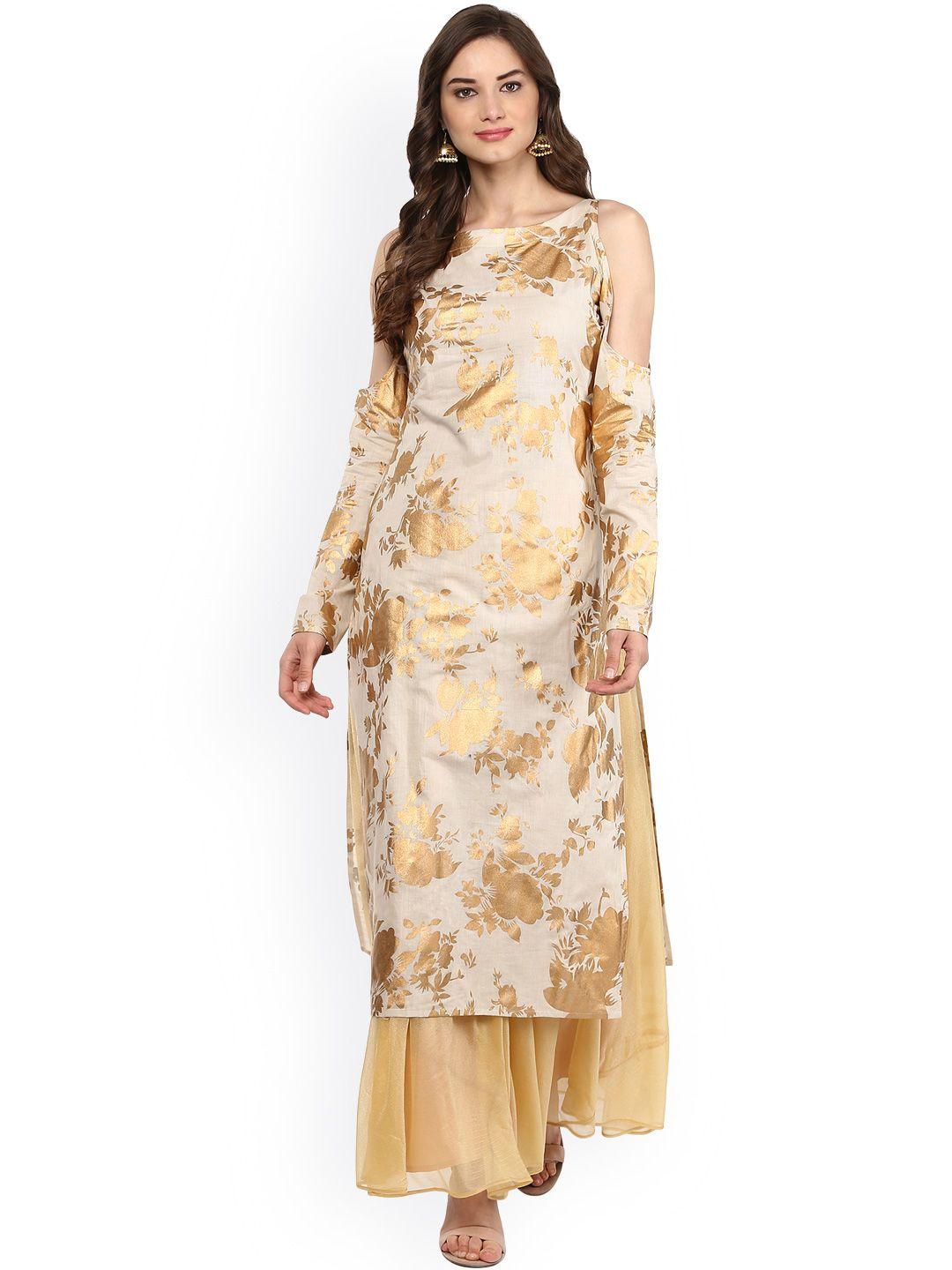 ahalyaa women beige & gold-toned printed straight kurta