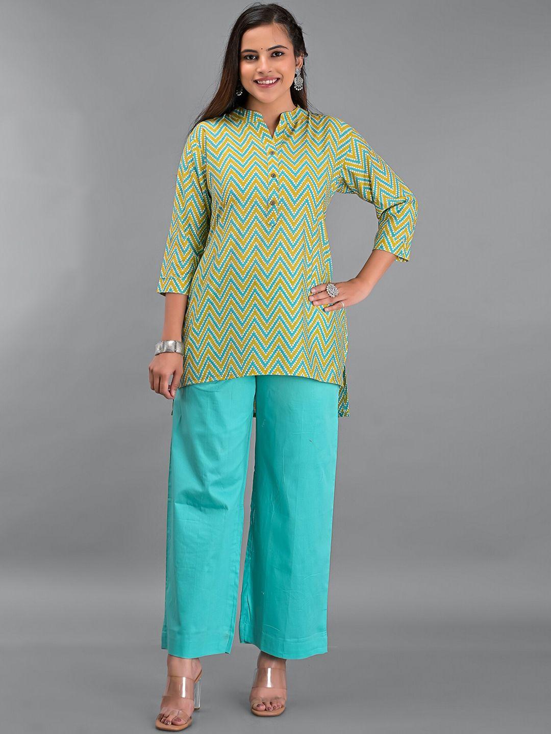 etnicawear women green printed pure cotton kurta with palazzos