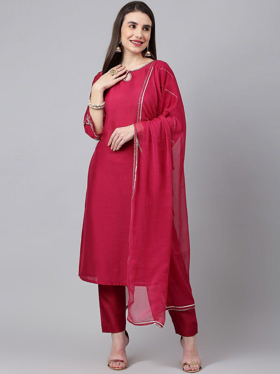 siah women red mirror work silk crepe kurta with trousers & with dupatta