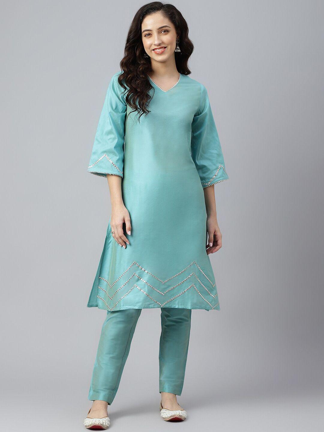 siah women green mirror work kurta with trouser