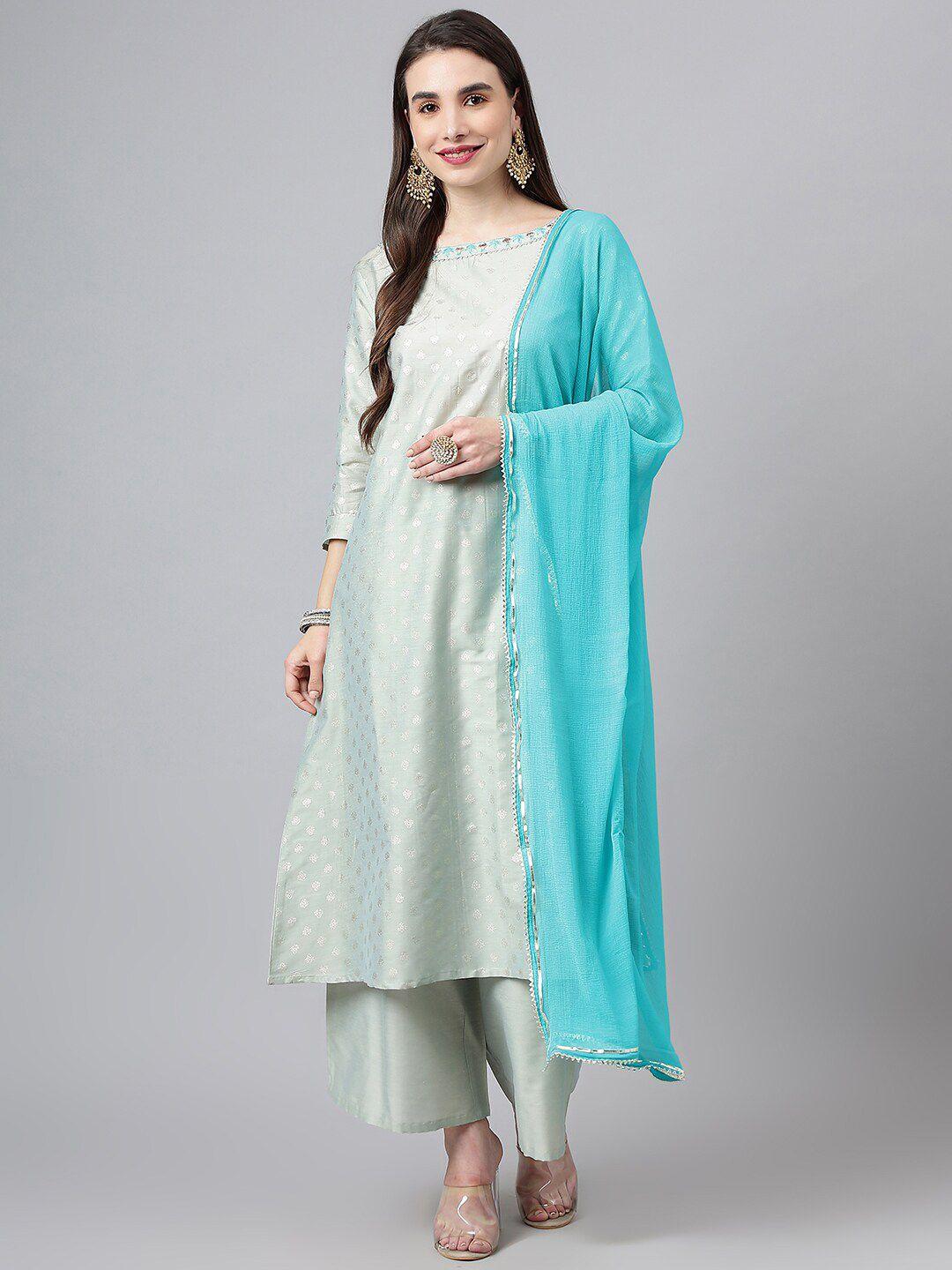 siah women sea green ethnic motifs embroidered kurta with palazzos & with dupatta