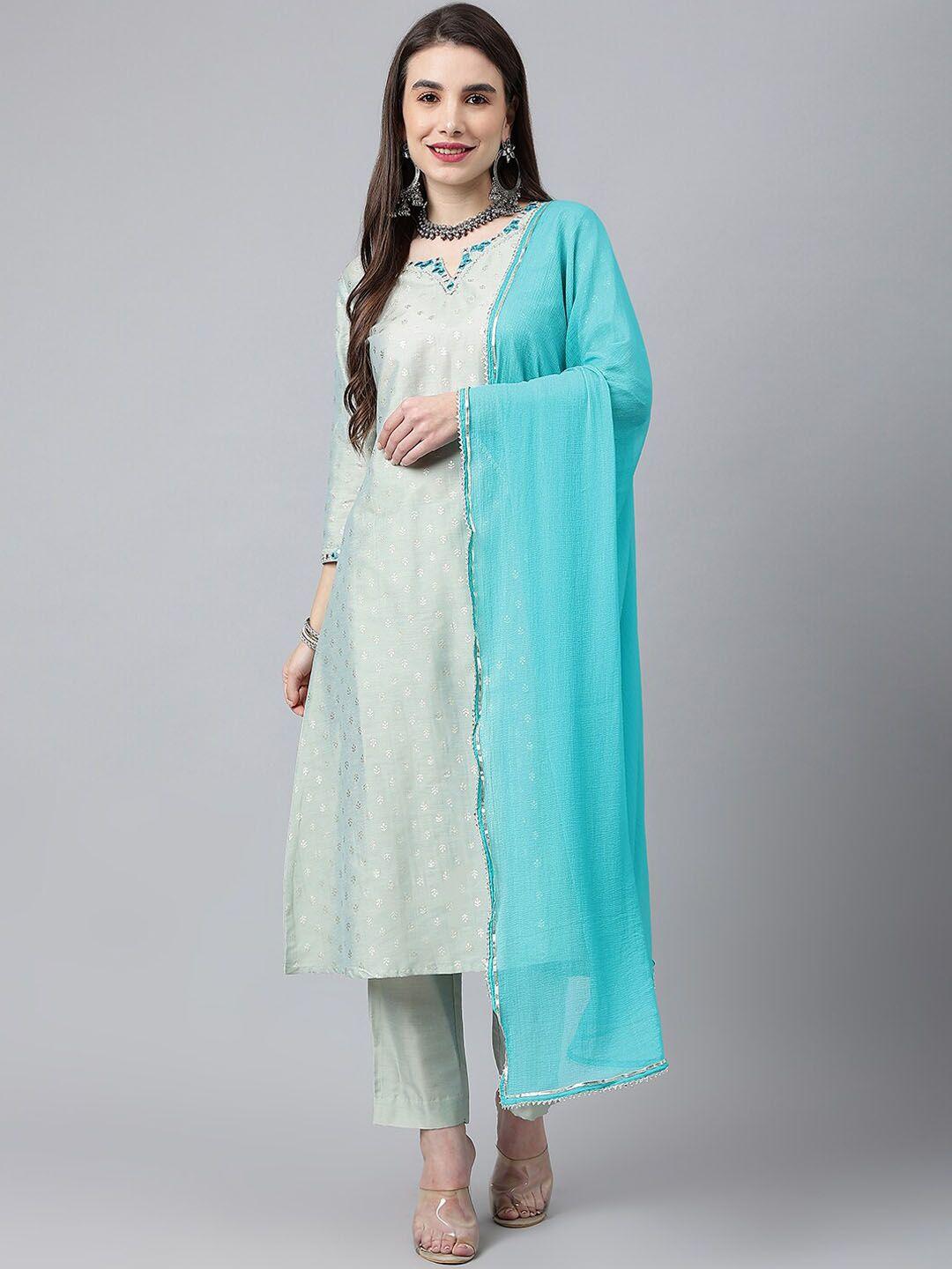 siah women sea green ethnic motifs mirror work kurta with trousers & with dupatta