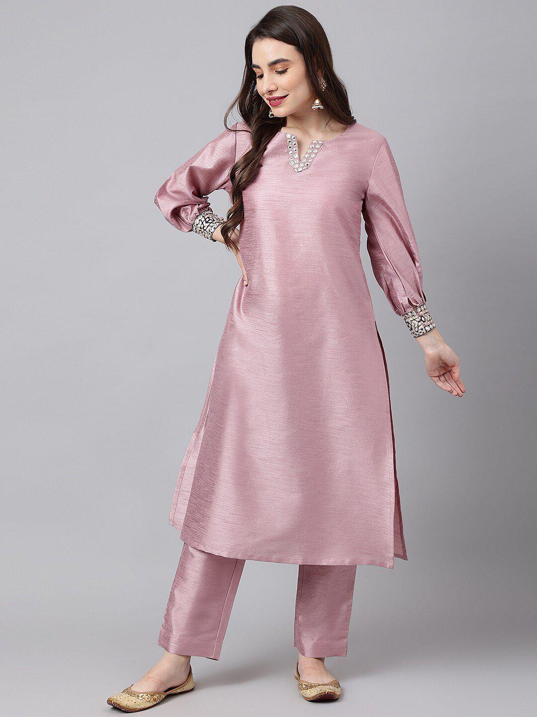 siah women pink mirror work kurta with trouser set