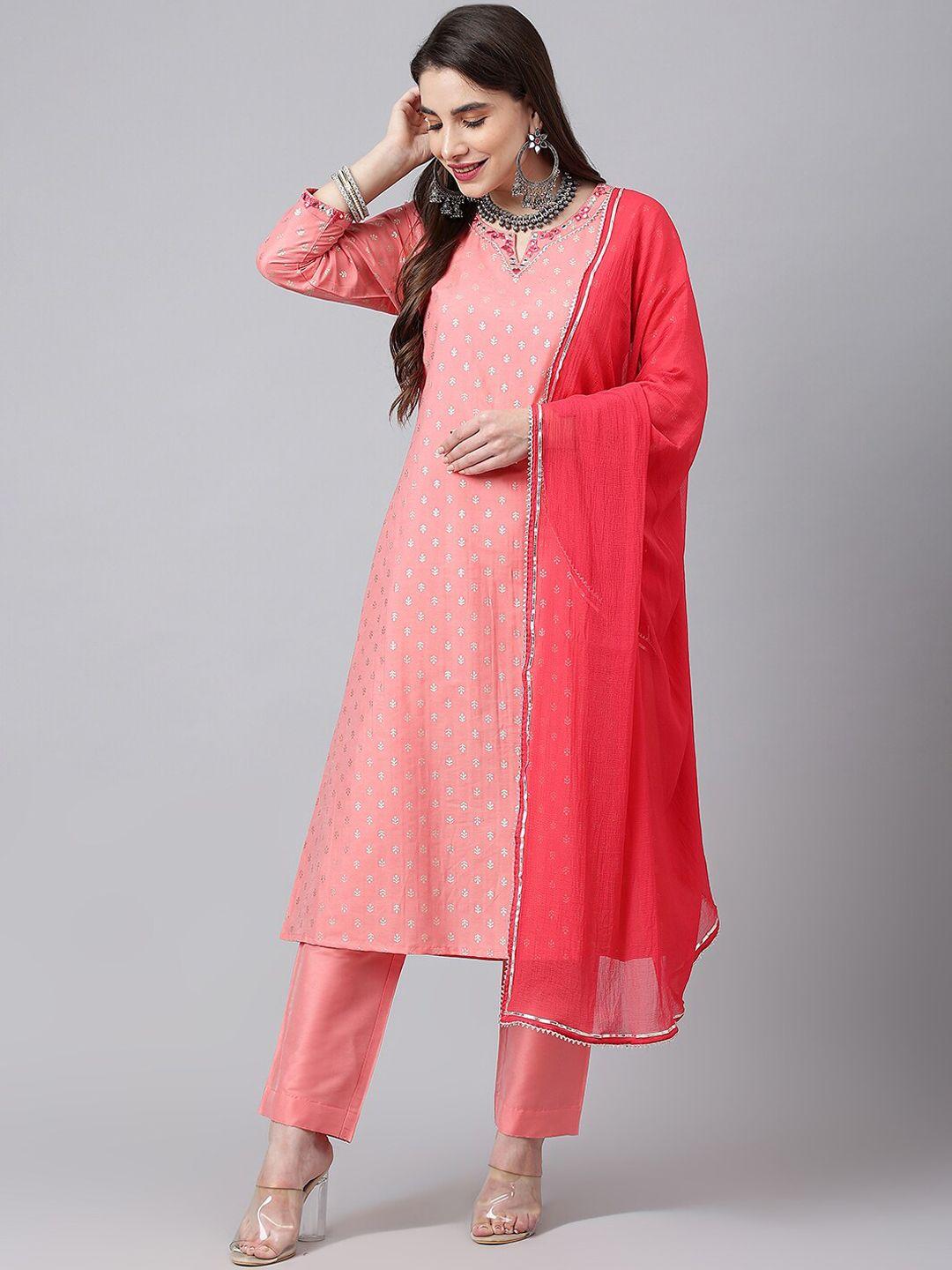 siah women peach-coloured ethnic motifs embroidered mirror work kurta with trousers & with dupatta