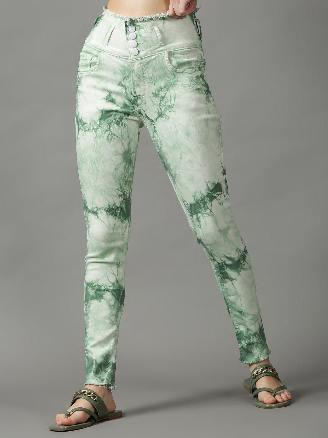 showoff women green printed skinny fit stretchable jeans