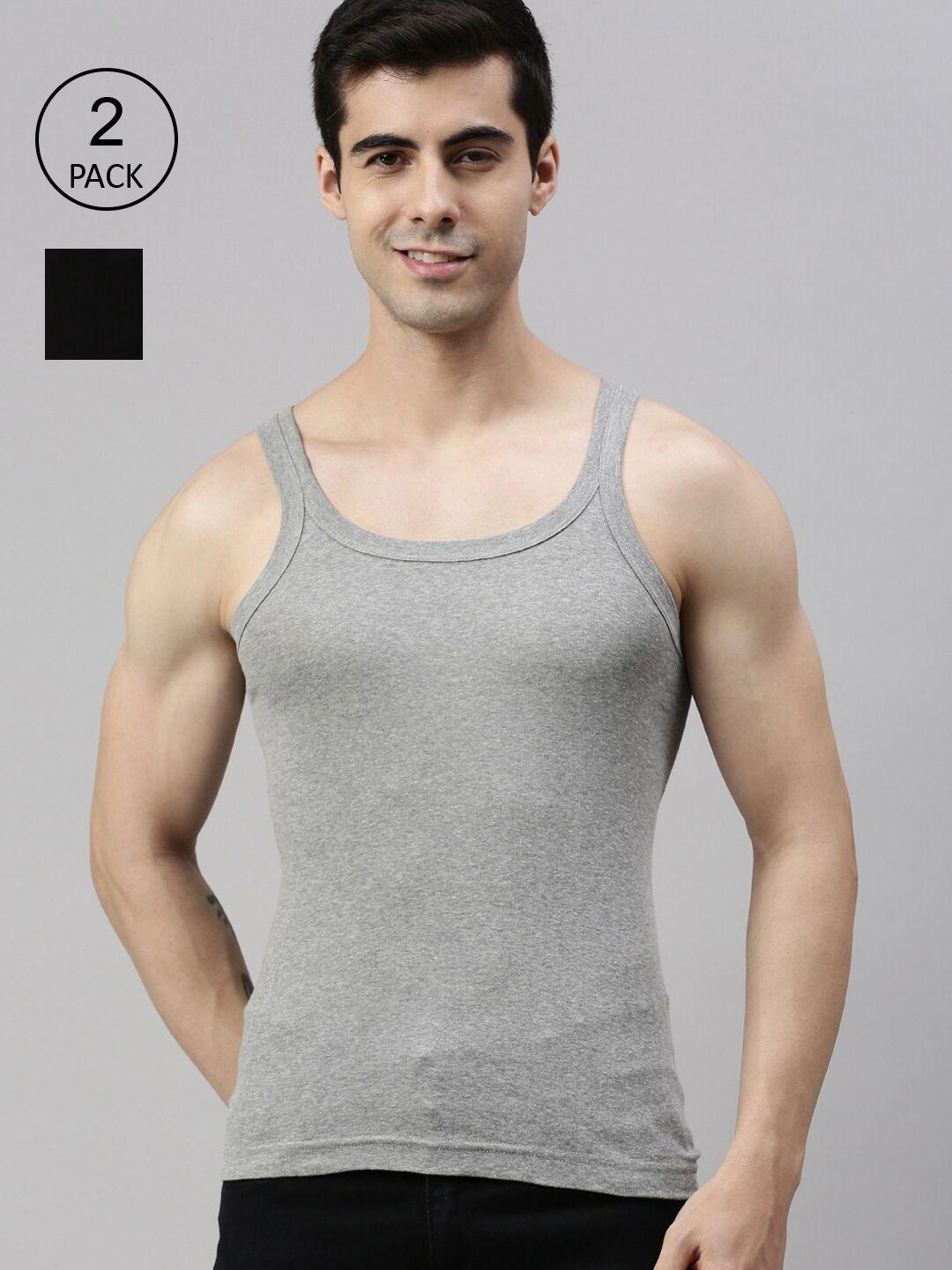 lux cozi men pack of 2 black & grey solid pure cotton gym vests