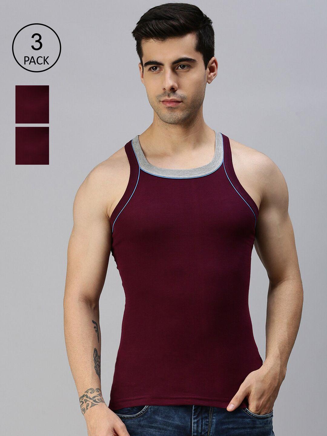 lux cozi men pack of 3 maroon solid pure cotton gym vests