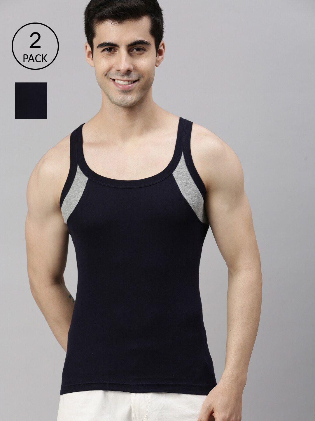 lux cozi men pack of 2 black  solid cotton gym vests