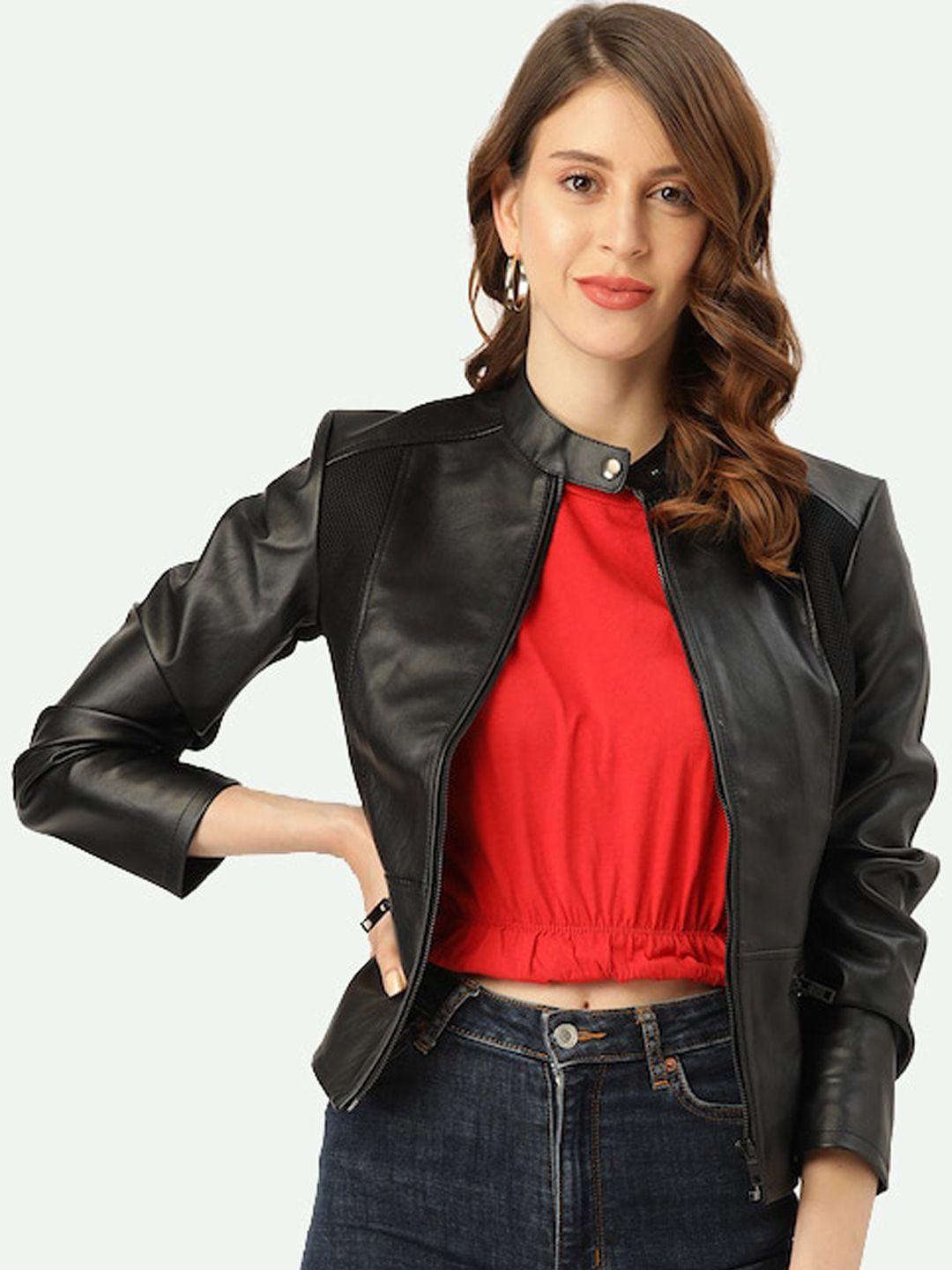 leather retail women black crop biker jacket